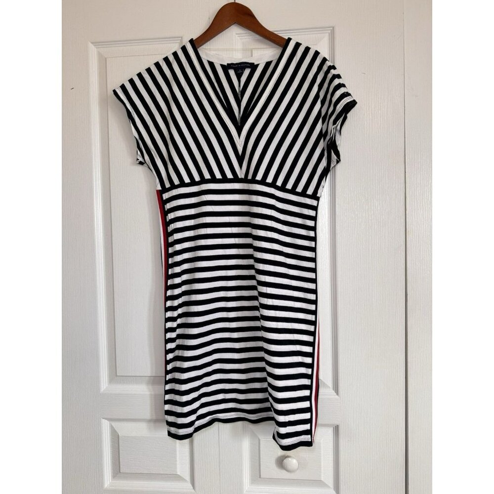 Tommy Hilfiger Striped Dress M Black White V-Neck Nautical Red Stripe - Picture 2 of 7